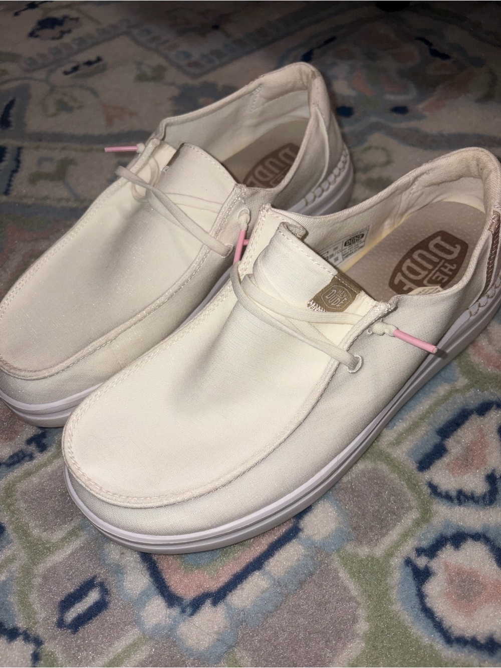 Hey Dude White Canvas Slip-Ons with Pink Accents